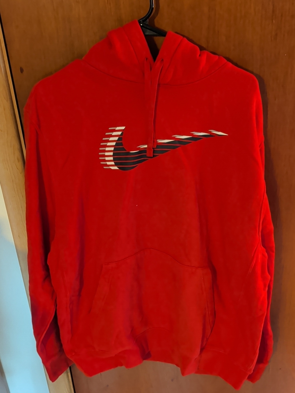 Nike Red Hoodie with Striped Swoosh Logo